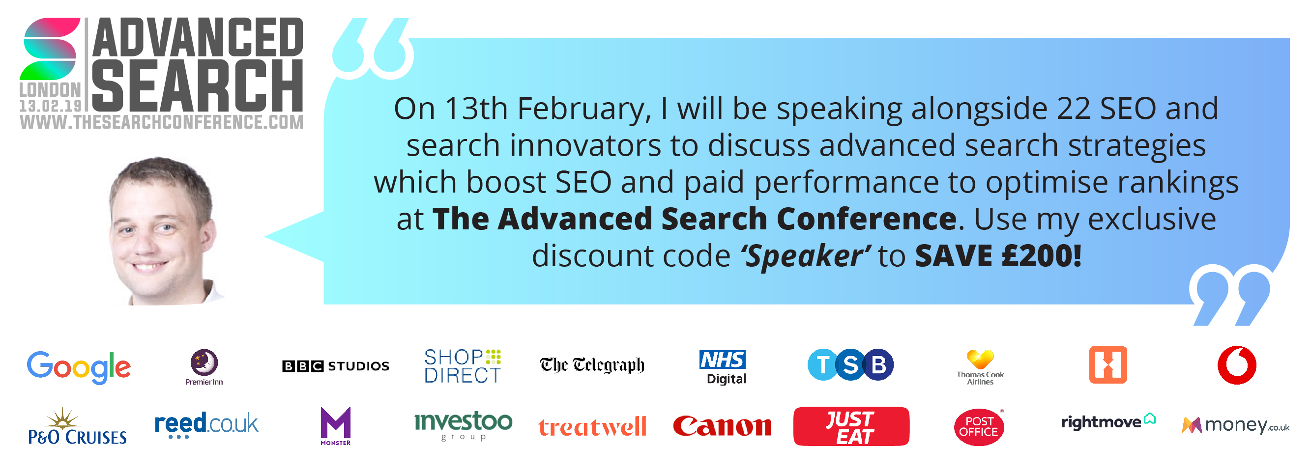 A banner that has a photo of Geoffrey Hayward next to details of The Search Conference in London on the 13th Febuary 2019